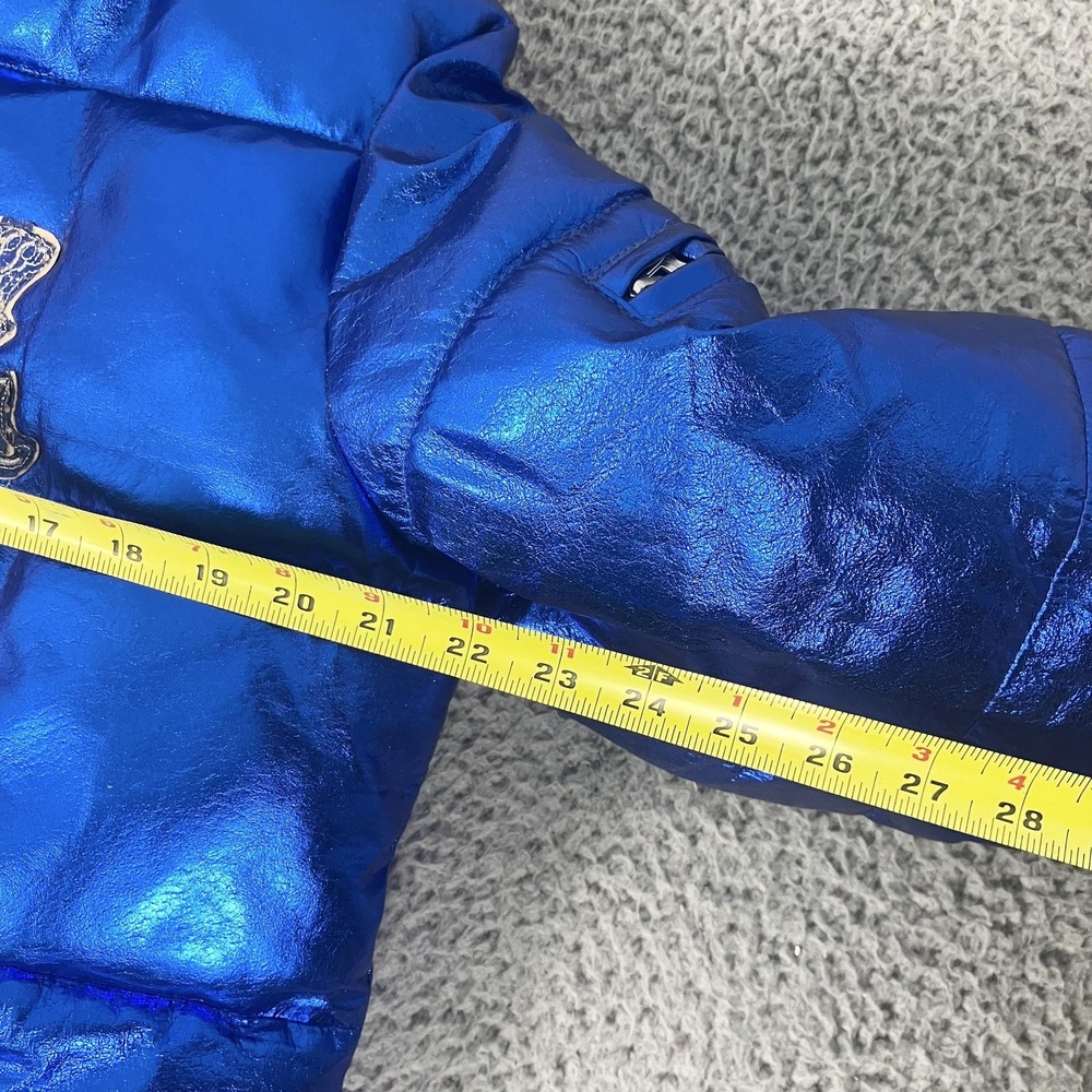 Christian Audigier Jacket Mens Medium Blue Leather Puffer Metallic Y2k - Picture 8 of 12